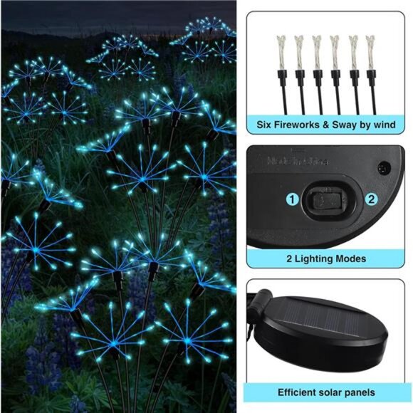 2PACKS Blue Firework Solar Christmas Lights Outdoor,Swaying Dandelion Stakes - Picture 6 of 8